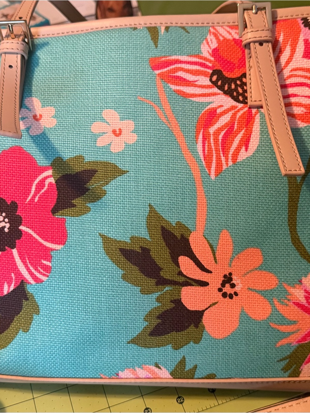 Spartina 449 Blue and Tan Tote Bag with Floral Elegance - Picture 7 of 12